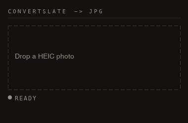 An animation of this converter at work: three HEIC files arrive as numbered frames, convert one after another, and each is marked with a red corner bracket when its JPG is ready to save.