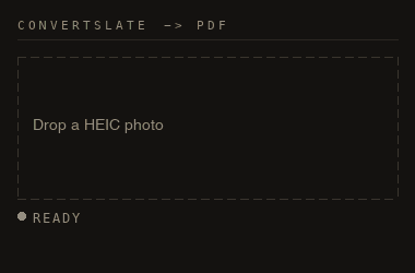 An animation of this converter at work: three HEIC files arrive as numbered frames, convert one after another, and each is marked with a red corner bracket when its PDF is ready to save.
