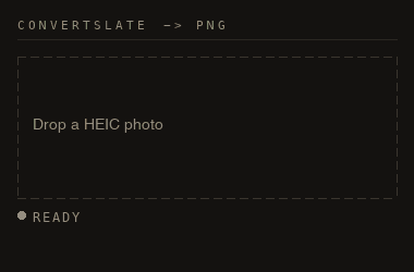 An animation of this converter at work: three HEIC files arrive as numbered frames, convert one after another, and each is marked with a red corner bracket when its PNG is ready to save.