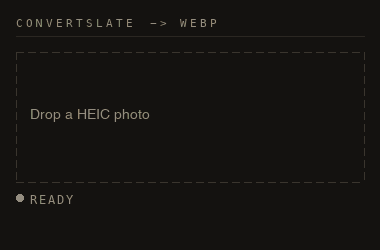 An animation of this converter at work: three HEIC files arrive as numbered frames, convert one after another, and each is marked with a red corner bracket when its WEBP is ready to save.