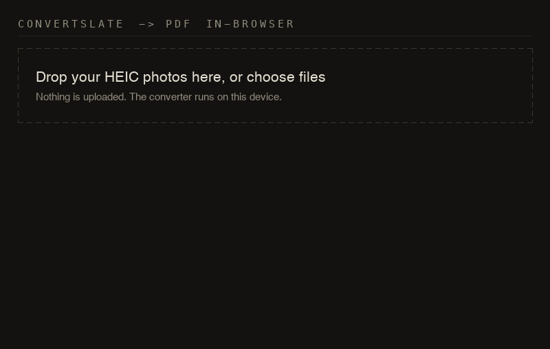An animation of this converter at work: three HEIC files arrive as numbered frames, convert one after another, and each is marked with a red corner bracket when its PDF is ready to save.